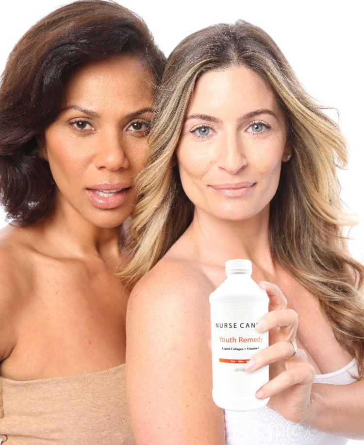 Two women, one holding Youth Remedy liquid collagen supplement